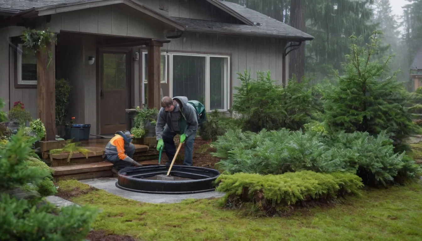 Septic provider inspecting a yard and tank access lid near Seattle on a damp, green morning