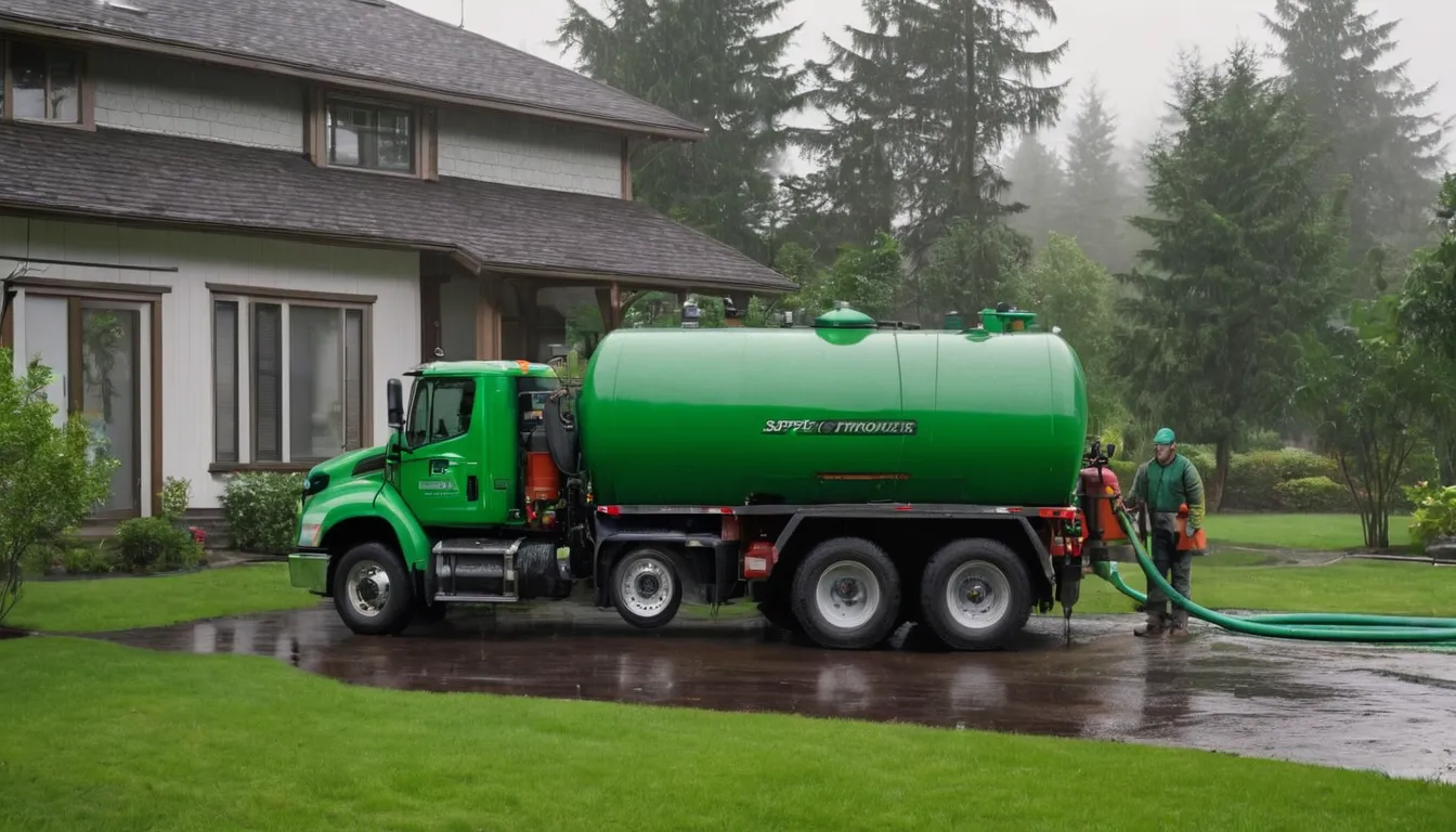 Septic provider's vacuum truck parked beside a residential yard in the Seattle area during a pumping visit